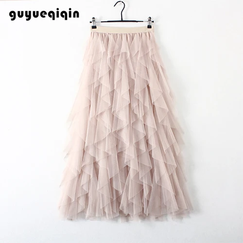 guyueqiqin, женские юбки, чистый цвет, кружевная юбка, Повседневная Длинная юбка, фатиновая юбка, юбка с высокой талией - Цвет: apricot