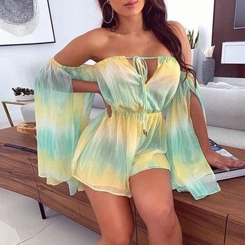 

Pofash Tie Dye Print Playsuit Women Summer Off Shoulder Hollow Out Romper Jumpsuit Split Flare Long Sleeve Holiday Beach Overall