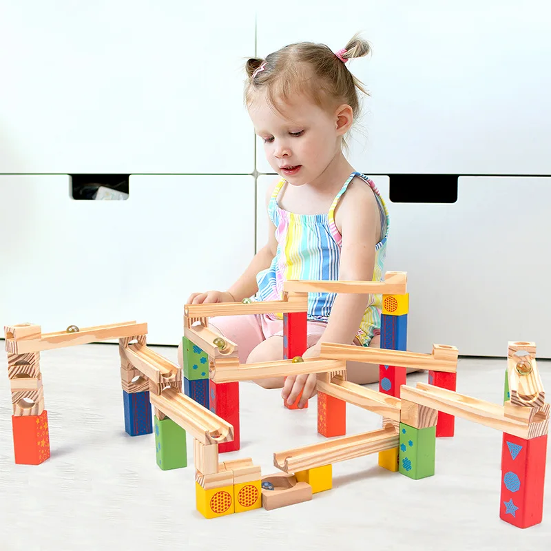 52PC Wooden Marble Track Blocks Children's Educational Assembled DIY Building Blocks Pipe Ball Toy Kids Gifts