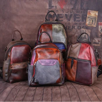 

Handmade Natural Brush-off Leather Backpack Women Genuine Leather Small Packsack for School Female Student Casual Knapsack Bag