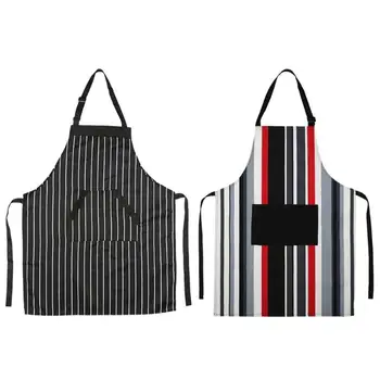 

Striped Cotton Apron Restaurant Chef Kitchen Cooking Pinafore with Pocket