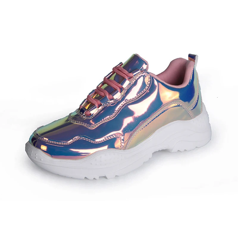 [DEAT] Round Toe Bandage Laser Pu Leather Casual Sport Single Wedges High Heels Shoes Women New Spring Autumn Fashion 10D866