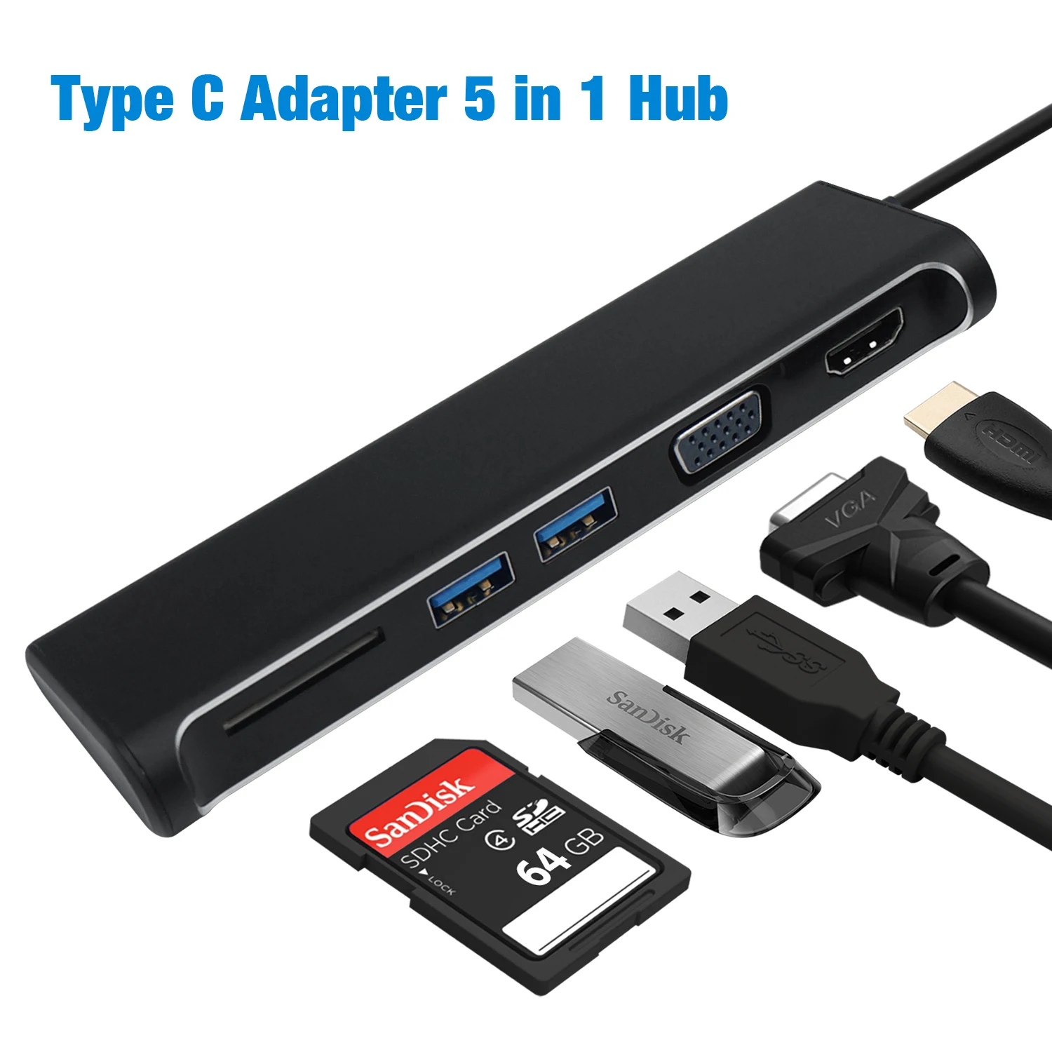 

AMKLE Type C HUB USB HDMI VGA Adapter USB 3.0 SD Card Reader Adapter 1080P Video Converter USB 3.0 HUB for Macbook Pro