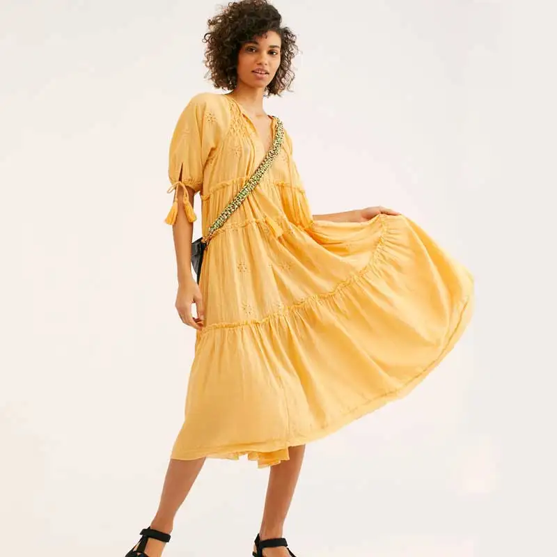 Богемный Вдохновленный желтым ушком женское платье с вышивкой 2020 весна лето