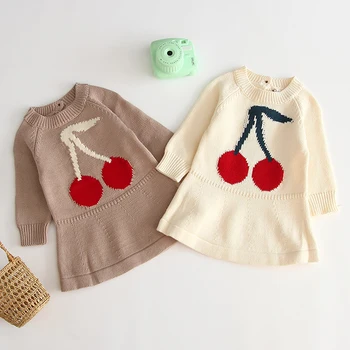

2020 New Autumn Winter Kids Dresses For Girls Princess Dresses Kids Girl Cherry Pattern Dress Long Sleeve Knit Dress