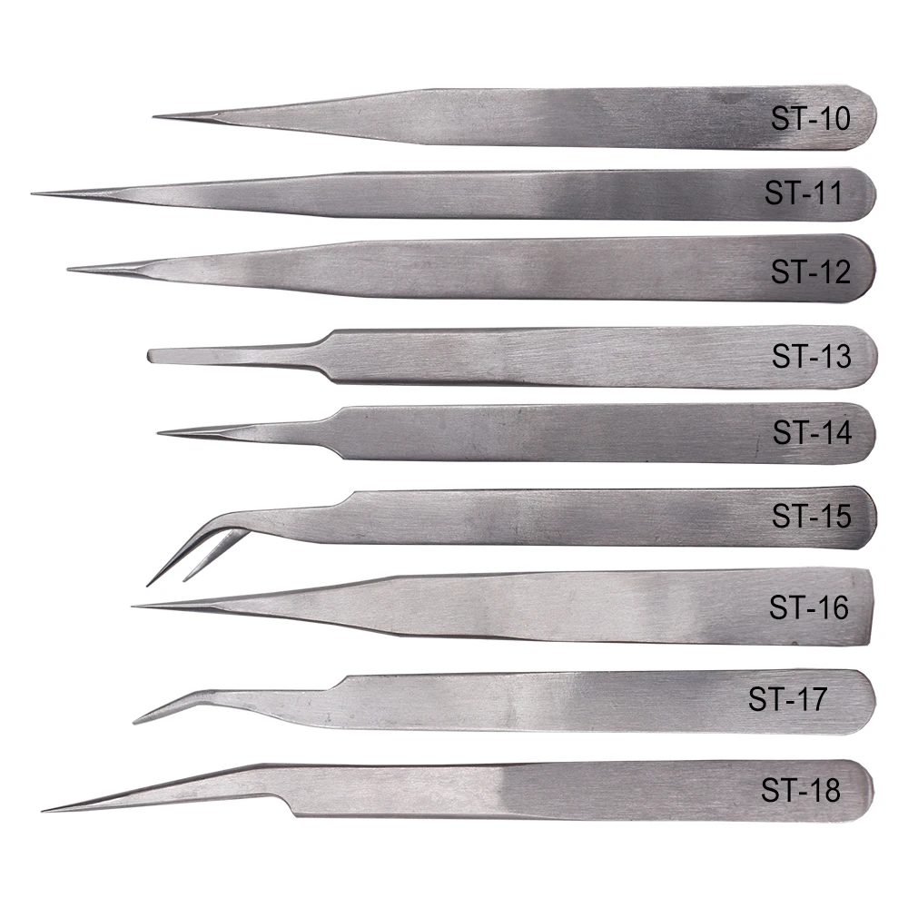 

1200pcs/lot ST 10 11 12 13 14 15 16 17 18 Stainless Steel Eyelash Industrial Curved Straight Electronic Tweezer Repair Tools