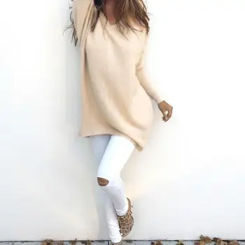 

2019 New Women's Sweater Autumn Winter Cotton Casual Women Solid Color Sweater V Neck Long Sleeve Loose Knitwear