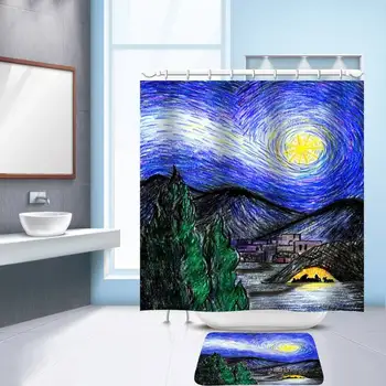 

Polyester Oil Painting Prints Shower Curtain Floor Mat Set Waterproof Bath Curtains Non-Slip Carpet Doormat Bathroom Decoration