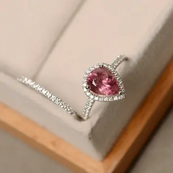 

New Hot Sale Water Drop Inlaid Rose Red Topaz Ring S925 Silver European and American Luxury Fashion Lady Ring Hand Jewelry