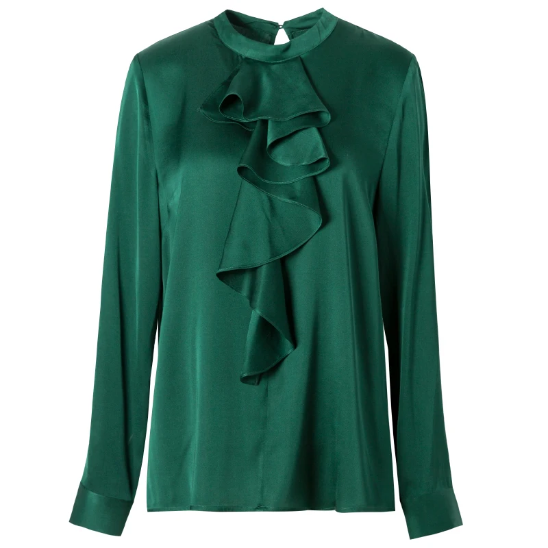 SuyaDream, Женская одноцветная шелковая блуза, 95% шелк, 5% спандекс, длинный рукав, воротник-стойка, шелковый атлас, офисные блузки,, Осень-зима, рубашка