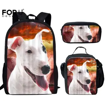 

FORUDESIGNS White Bull Terrier 3D Printing School Backpack 3Pcs Animal Floral Shouder Bcakpack Men Women Best Student Supplies
