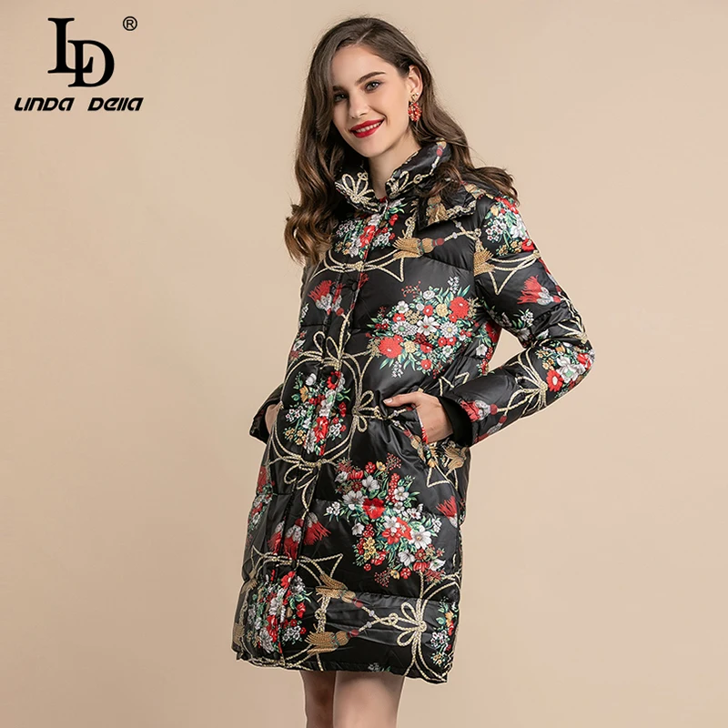 

LD LINDA DELLA Winter Warm Thickened White Duck Down Jacket Vintage Long Women Coats Floral Print Hooded Overcoat Outwear