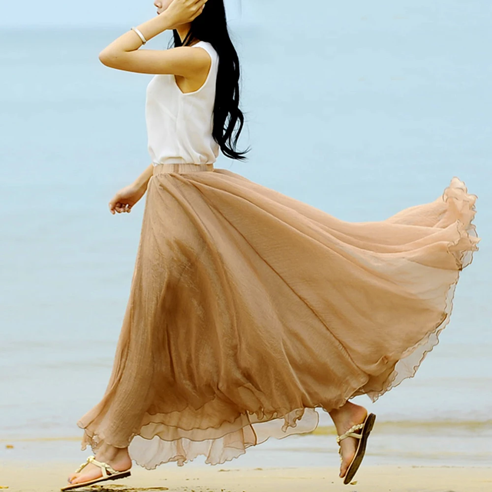 Chic Design Summer Women Skirt Linen Pleated Maxi Long Vintage High Waist Skirts Boho Beach Faldas Saia | Женская одежда