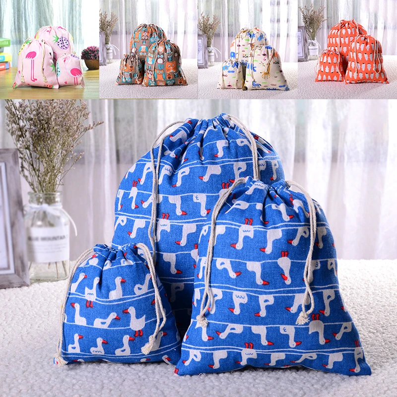 

Casual Women Printed Cotton Drawstring Shopping Bag Eco Reusable Folding Grocery Bag fashion Draw pocket Cloth Storage bag