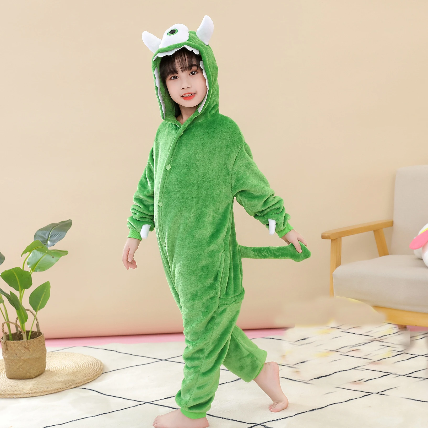 Disfraz Halloween Verde franela ojo Animal mono ropa de dormir Kigurumi  traje infantil Halloween 
