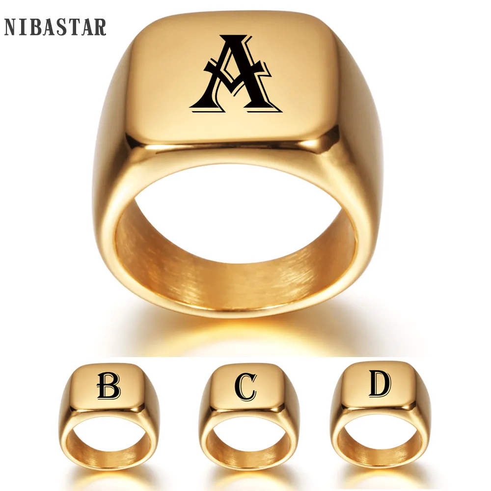 Personalised Initial Engrave A to Z Alphabet Stainless Steel Signet Blank Plain Ring Band High Polished Gold Tone U.S.Size