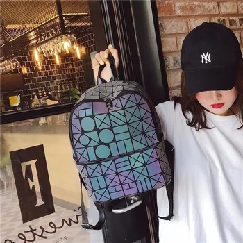 

New luminous bag geometric Lingge backpack Korean leisure student bag folding outdoor PU Backpack