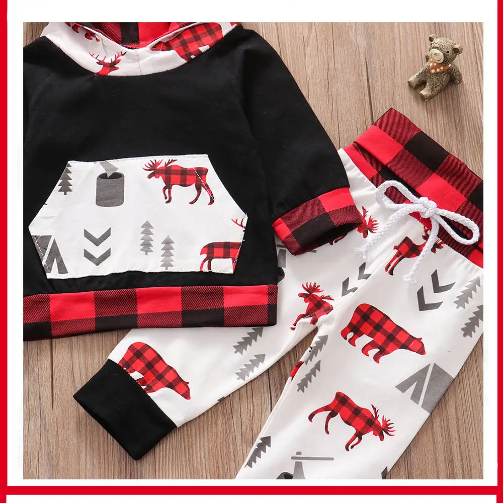 Комплект одежды для маленьких мальчиков, Осень-зима, теплые наряды для новорожденных, топы с изображением Красного оленя, худи, штаны, 2 предмета, хлопковая Рождественская одежда для маленьких мальчиков