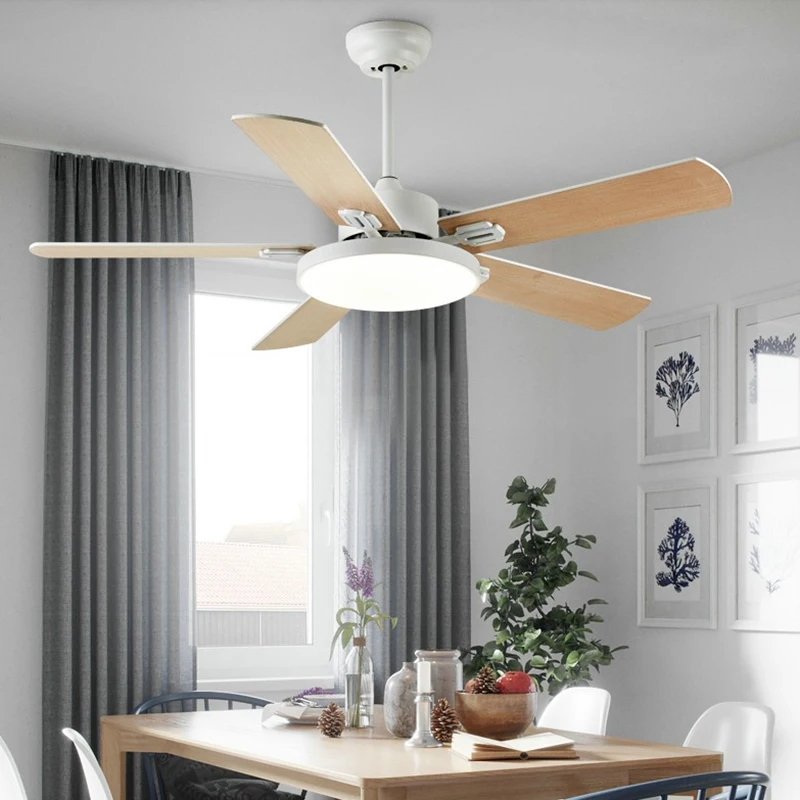 Modern Minimalist White Iron Paint Wood Fan Pendant Lamp Restaurant Bedroom LED Remote Control Decor Warm Lighting Fixture | Лампы и