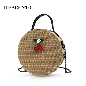 

PACENTO Round Bohemia Handmade Straw Bags Cherry Women Handbag Summer Beach Bag Rattan Shoulder Messenger Bags Woven Bolsa Playa