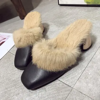 

Women Fund Square Leather Furry Flat Slipper High With Half Drag Women's Shoes Warm Home Slippers Woman Casual Slides Shoes