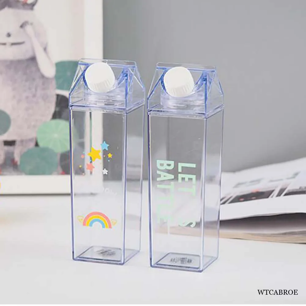 Water Bottle Sports Water bottle Plastic Clear Milk Carton Cute My Water Bottle Girls Reusable Juice Transparent Leakproof Cup Drinking