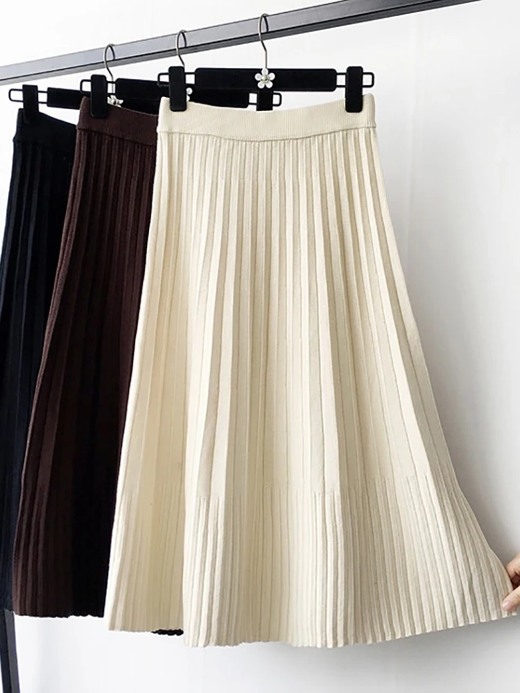Женская трикотажная юбка трапециевидной формы с высокой талией, женские коричневые юбки в полоску, модная длинная Плиссированная юбка для женщин на осень и зиму, новинка