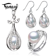 FENASY 925 серебряная клетка кулон жемчужные Ювелирные наборы натуральный жемчужный кулон ожерелье серьги в виде клетки для женское серебряное кольцо