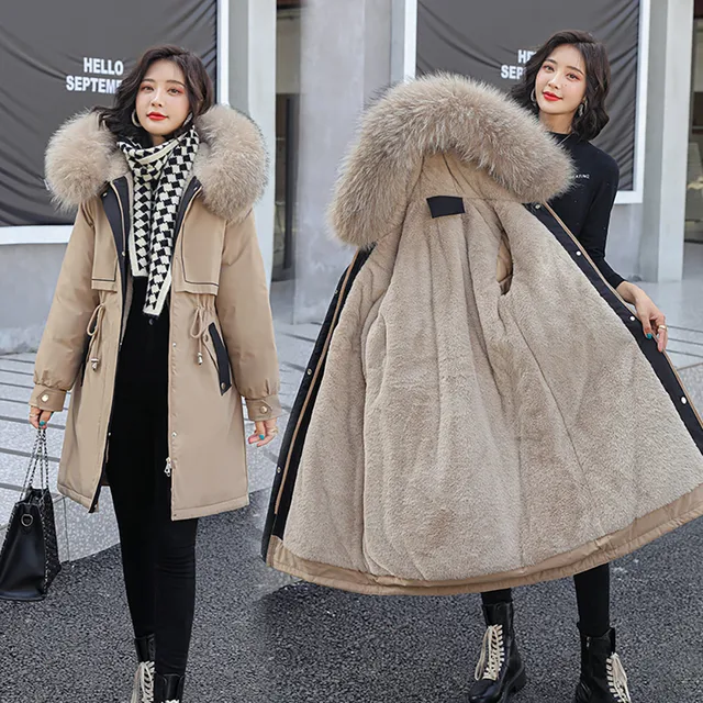 Vielleicht Winter Jacket Women Thick Parkas Long Fur Liner Hooded Winter Coat Women Cotton Padded Jacket Gilrs Jaqueta Feminina Khaki