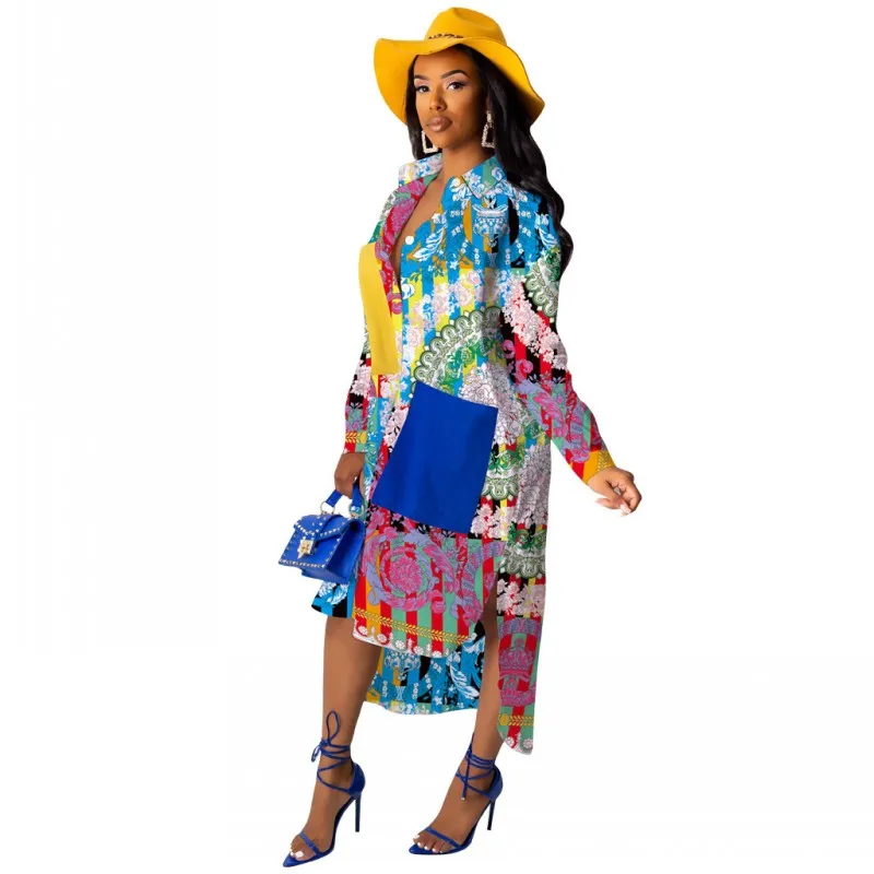 Платье с цветочным принтом, женское повседневное офисное платье, весенне-осенние платья, элегантное платье с длинными рукавами и принтом в африканском стиле, осеннее платье-рубашка - Цвет: Многоцветный