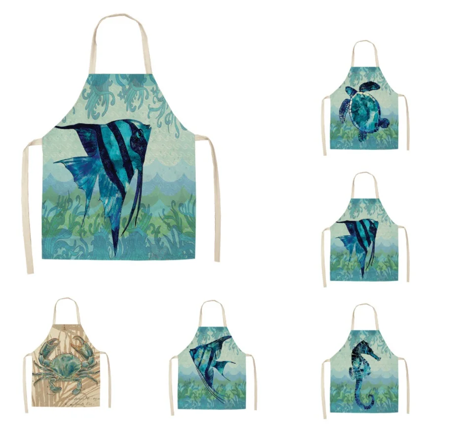 

Turtle Fish Printed Kitchen Apron for Women Kids Sleeveless Cotton Linen Bibs Cooking Baking Cleaning Tools 55*68cm