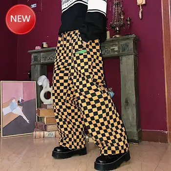 

Trousers hip-hop contrast checkerboard pattern retro label letter loose BF wide leg straight boyfriend casual pant pants