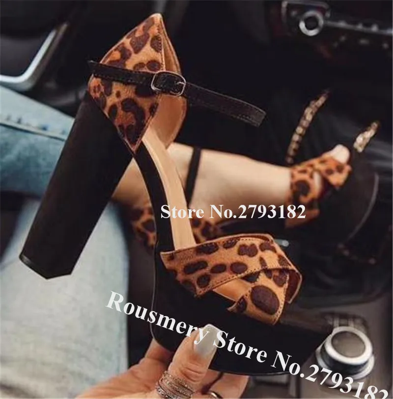

New Fashion Women Open Toe Leoaprd Suede High Platform Chunky Heel Sandals Ankle Strap Buckle Thick High Heel Sandals