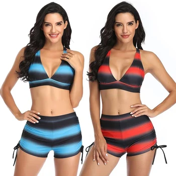 

Sexy Push Up Bikinis Women Plus Size Bathing Suit Bandage Swimwear Halter Bikini Set Striped Swimsuit With Shorts Beach Wear