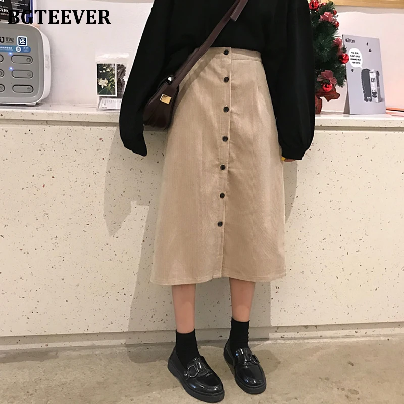 BGTEEVER, зимние, винтажные, тонкие, одноцветные, женские, вельветовые юбки, однобортные, половина, эластичная талия, трапециевидные, средней длины, женские юбки