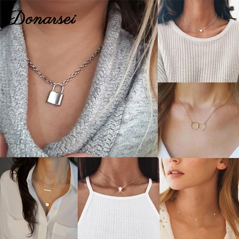 Donarsei, богемный стиль, сексуальный замок, чокер для женщин, злой глаз, двойные круги, ключ, звезда, розовая монета, цветок, сердце, ключицы, цепь, вечерние