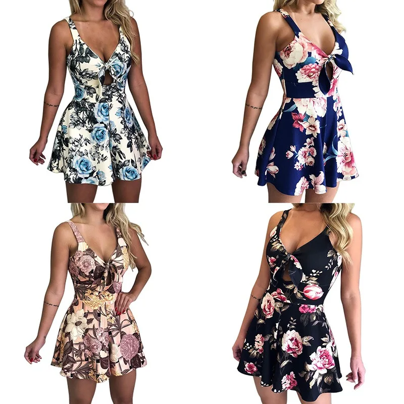 

Sexy Wide Leg Jumpsuits Women Beach Hollow Rompers Summer Lace Up Floral Print Playsuits New Arrival