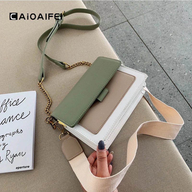 

CAIOAIFEI fashion chain crossbody bags for women wide shoulder strap female flap bag cell phone bag women leather shoulder bags