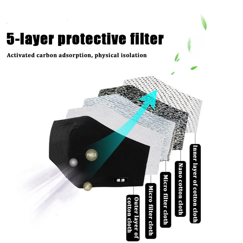 Kpop Cotton Black Mask mouth face Mask Anti PM2.5 dust Mouth Mask with 6pcs Activated Carbon Filter korean Mask Fabric Face Mask 6