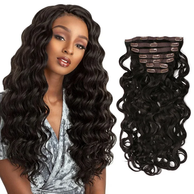 Long Jerry Curly Clip In Hair Extensions Natural Hairpieces Synthetic 7 Pcs Full Head Organic False Hair Afro Curls 26”/65cm BW 24inch 2