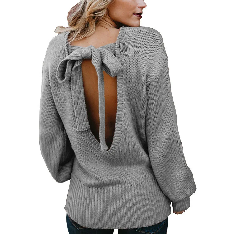 

2019 New Autumn Women Loose Sexy Backless Bow Belt Knit Sweaters Lady Solid Casual Pullovers Shirts Knit Lantern Sleeve Sweater