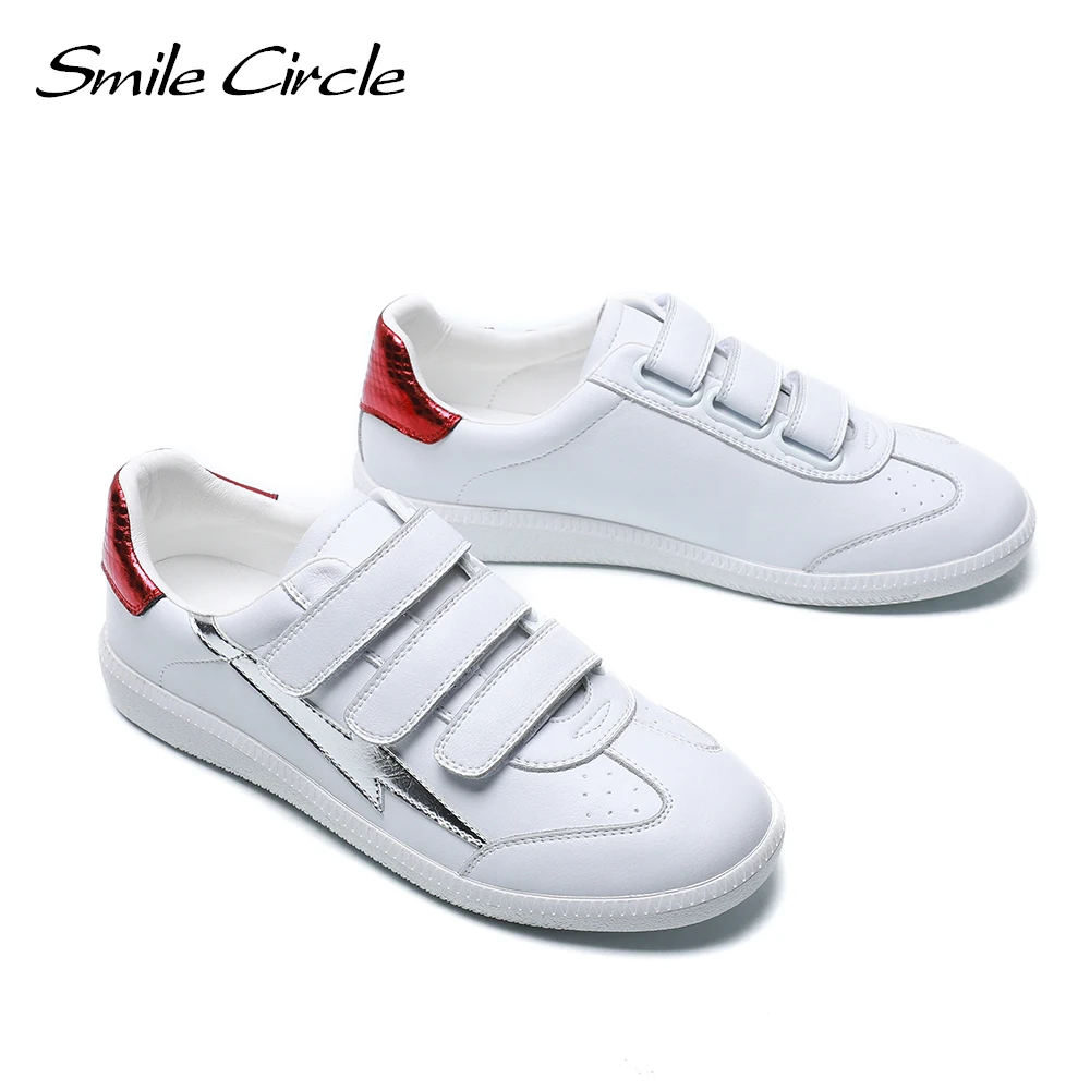Smile Circle/весенние белые кроссовки Женская кожаная обувь на плоской платформе с