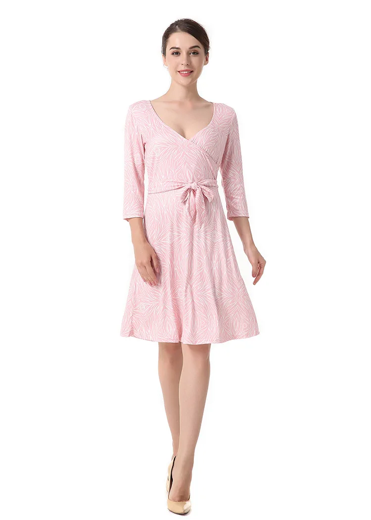 New Casual Fashion Women Summer Mini Dresses Solid V-Neck 3/4 Sleeve Elegant A-Line Dress With Belt AB411 - Цвет: as shown
