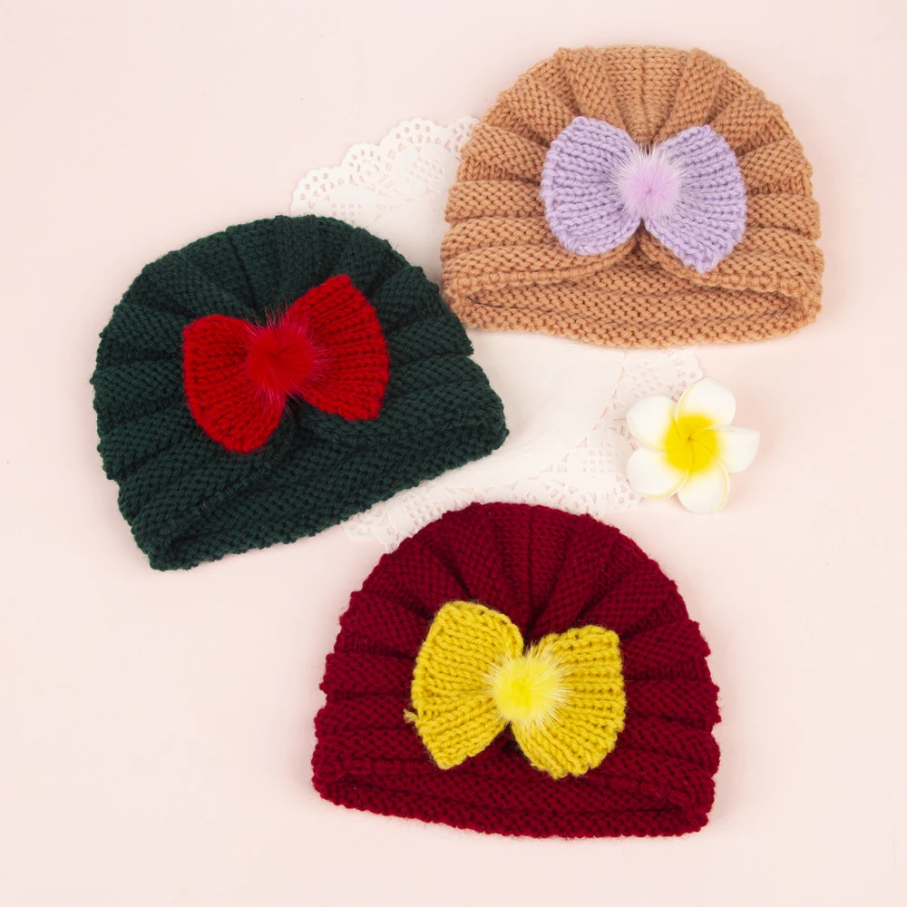 Knitted Hat for Baby Girls Bow with Pom Pom Ball Newborn Wool Crochet Beanies Infant Child Winter Warm Cute Turban Hats Bebe Cap 3pc kawaii christmas eve wish card creative mini christmas card cute child christmas day blessing message with envelope card