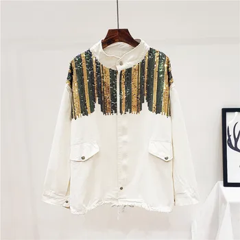 

Streetwear Fashion Heavy Work Sequins Jeans Coat Female Casual White Outerwear Student Loose Long sleeve Women Denim Jacket Coat