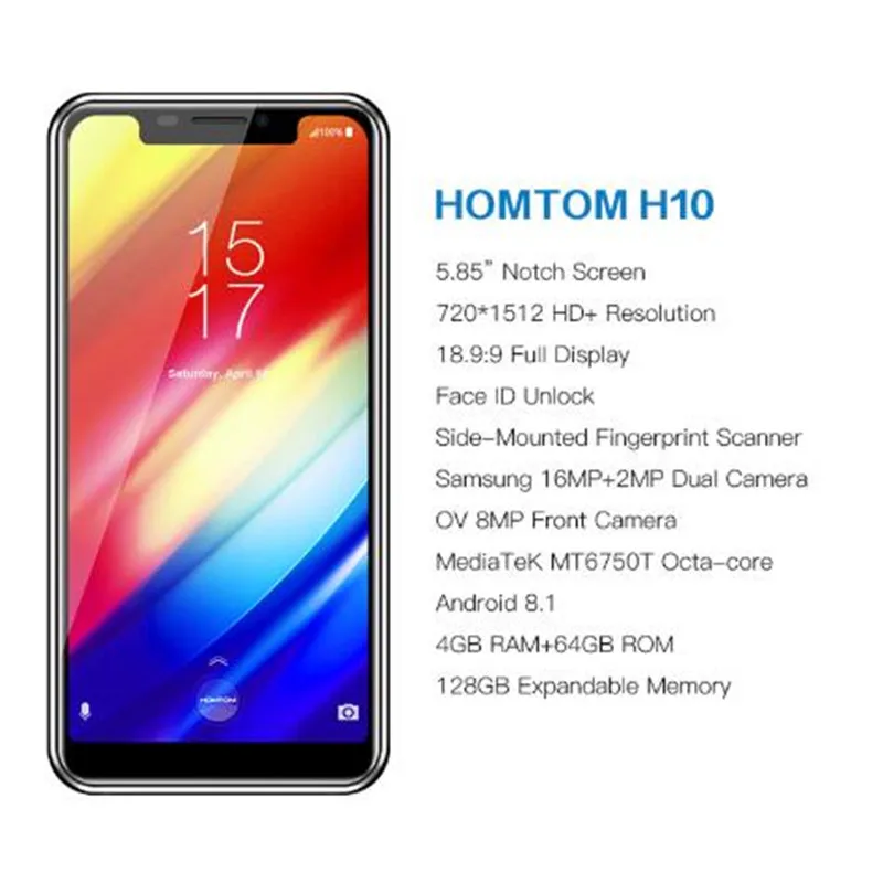 Смартфон HOMTOM H10 Android 8,1 Octa Core 4 Гб 64 Гб 3500 мАч 16MP+ 2MP задняя камера боковой отпечаток пальца мобильного телефона