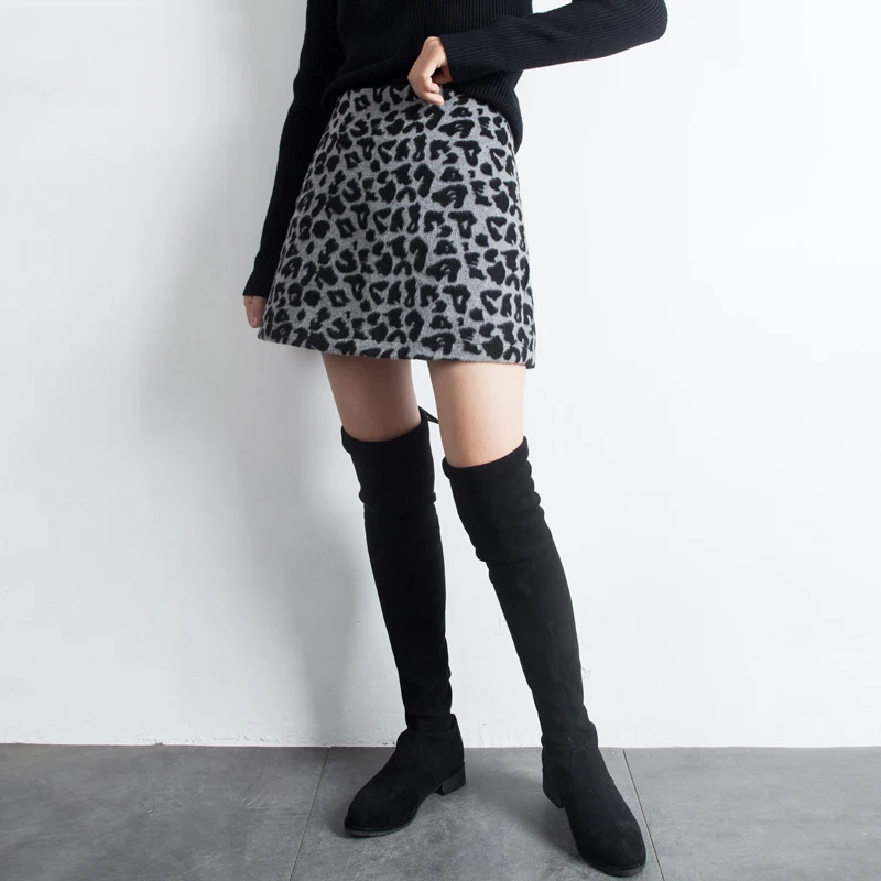 Шикарная Сексуальная леопардовая юбка, женская модная шерстяная трапециевидная юбка, новинка, осенняя мода, высокая талия, серые шерстяные юбки леопарда для зимы - Color: grey
