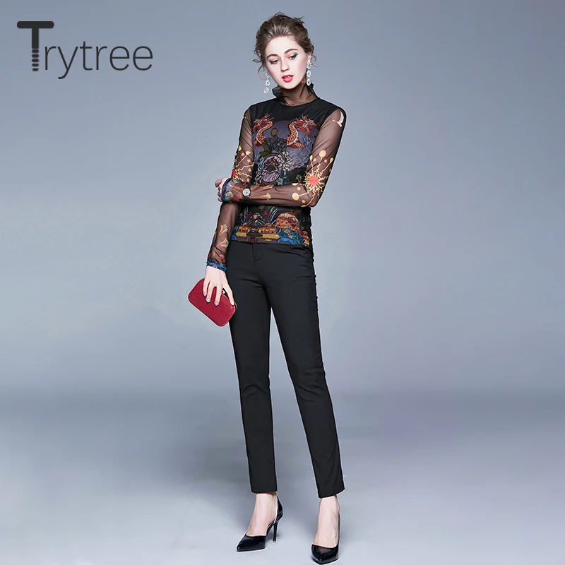 Trytree Apring женская футболка Повседневная водолазка винтажная Лоскутная Печать Марля Модная элегантная облегающая футболка Топ