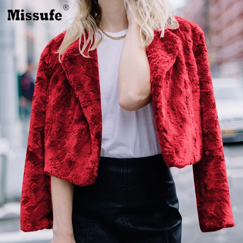 

Missufe Autumn Winter Warm Thick Women Coat Women Short Coats Fuax Rabit Fur Turn-down Neck Long Sleeve Fashion Red Jacket 2019