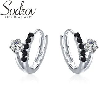 

SODROV Genuine 3.5g 925 Sterling Silver Earrings Hoop Earrings for Women Black Spinel Silver 925 Jewelry I109